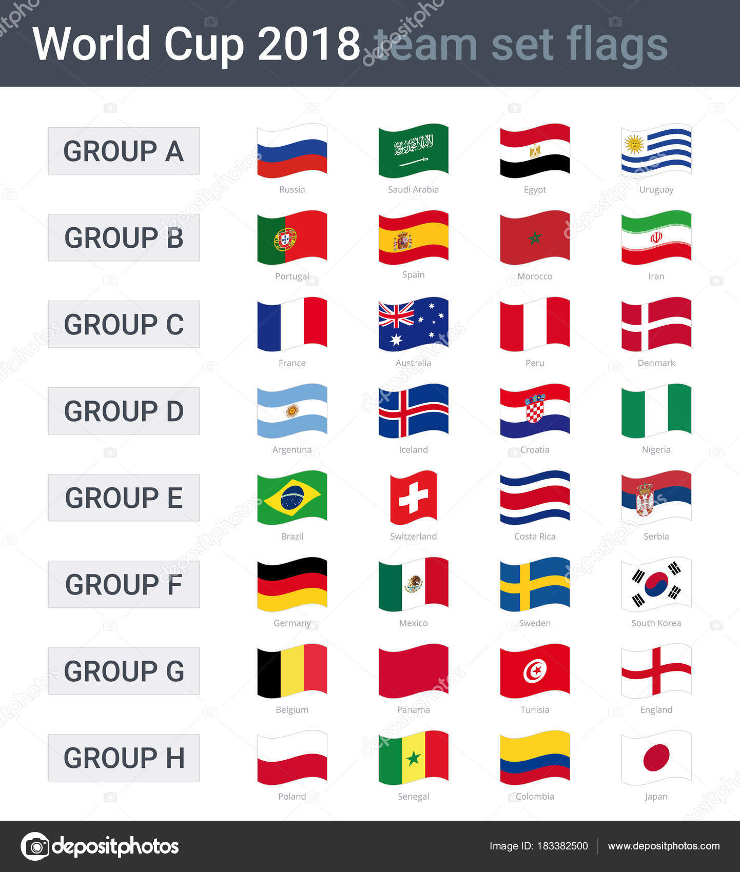 Copa Mundo 2018 Equipe Agitando Bandeiras Grupos Copa Campeonato 2018  vetor(es) de stock de ©sylas83 183382500